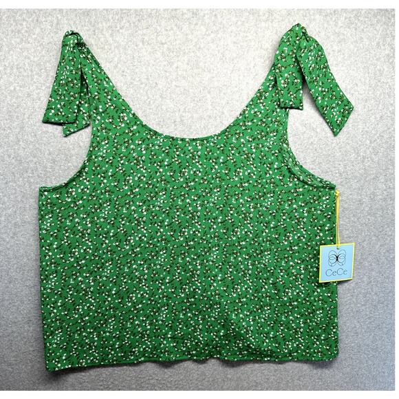 CeCe Womens Blouse Tank Top Size XL Green Floral Tie Shoulder Sleeveless NWT - Picture 1 of 11